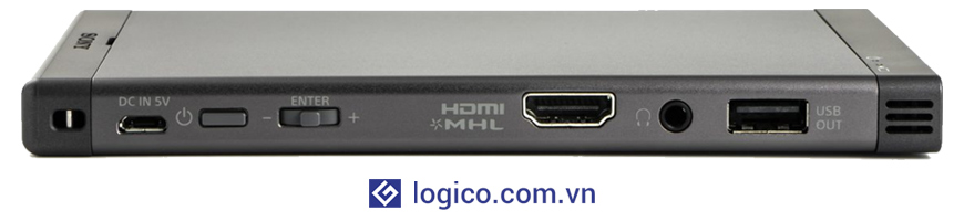 Máy chiếu mini Sony MP-CL1 được trang bị các cổng Micro-USB, HDMI/MHL, jack cắm tai nghe 3.5mm
