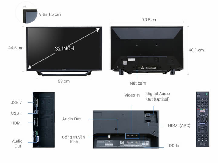 Thông số kỹ thuật cơ bản và chi tiết các bộ phận của tivi Sony KDL-32W600D.