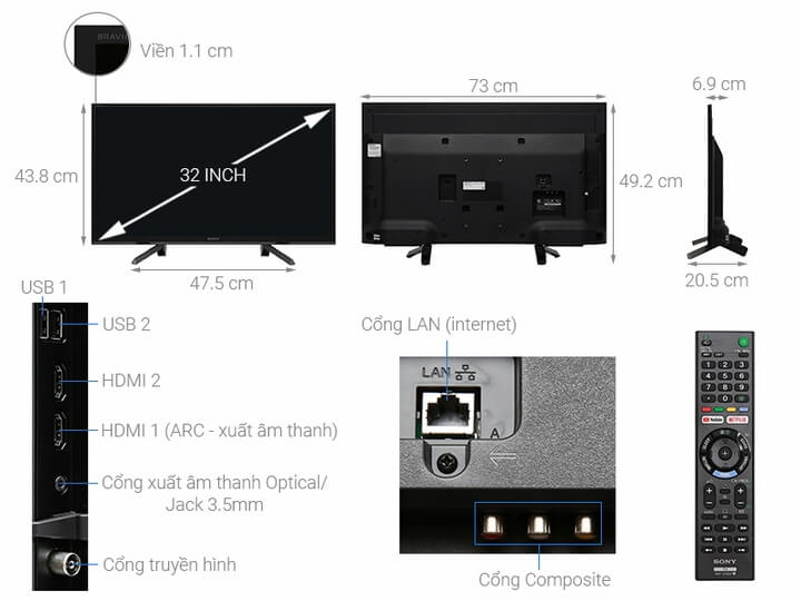 Các thông số kích thước và chi tiết các bộ phận của tivi Sony KDL-32W610G