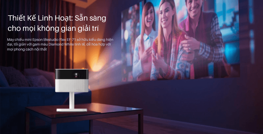 Máy chiếu mini Epson lifestudio Flex EF-71 sở hữu kiểu dáng hiện đại, tối giản với gam màu Diamond White tinh tế
