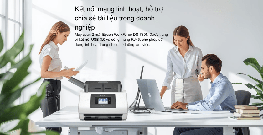 Máy scan 2 mặt Epson WorkForce DS-780N được trang bị kết nối USB 3.0 và cổng mạng RJ45, cho phép sử dụng linh hoạt trong nhiều hệ thống làm việc