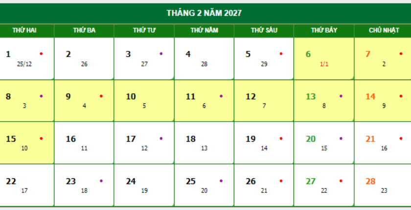 Lịch nghỉ Tết Nguyên Đán 2027 chi tiết
