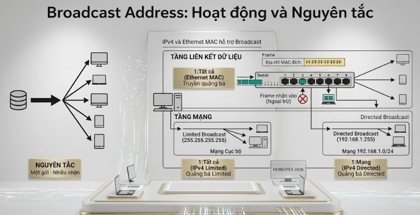 Broadcast được sử dụng trong DHCP, ARP và nhiều hoạt động mạng LAN