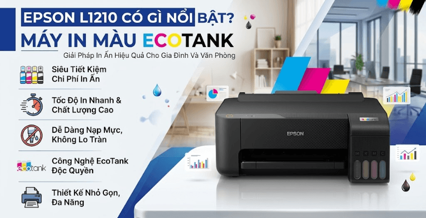 Epson L1210 là mẫu máy in phun màu đơn năng thuộc dòng EcoTank